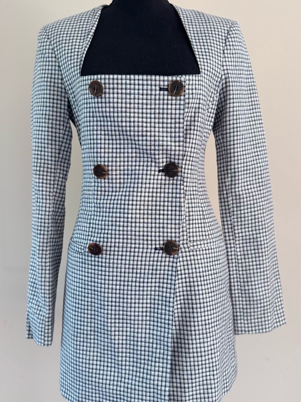 ASOS Black & White Checked Double-Breasted Buttoned Blazer Coat